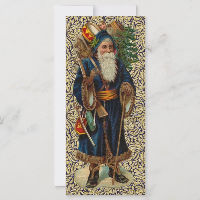 Vintage Santa on Blue and Gold Flat Card (Front)