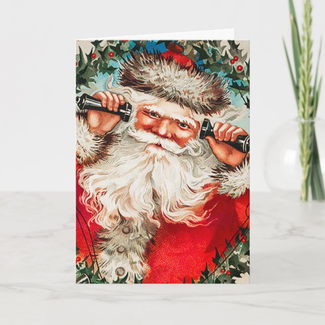 Vintage Santa on Phone Holiday Card (Front)