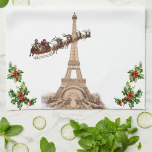 Vintage Santa over Paris Christmas Towel