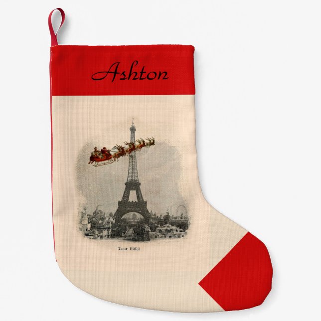 Vintage Santa over Paris Personalised Stocking (Front)