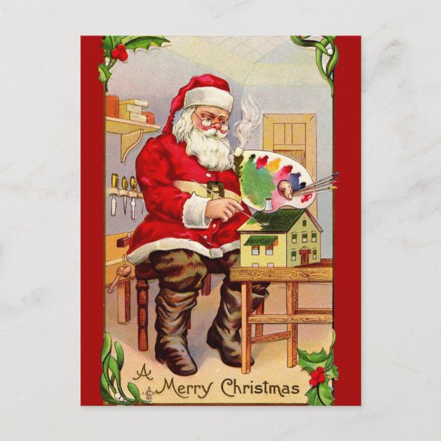 Vintage Santa Painting a Doll House Postcard (Front)