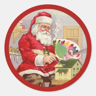 Vintage Santa Painting in Workshop Classic Round Sticker