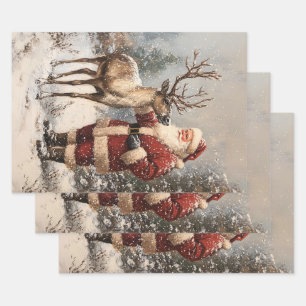 Vintage Santa Petting A Reindeer Decoupage Wrapping Paper Sheet
