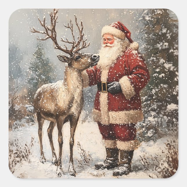 Vintage Santa Petting A Reindeer Painting Square Sticker (Front)
