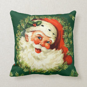 Vintage Santa, pine wreath, holly Christmas Cushion