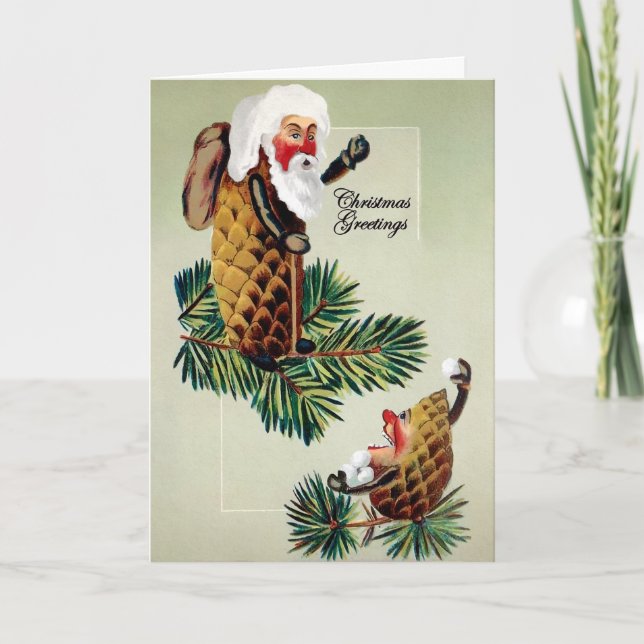 Vintage Santa Pinecone Customisable Holiday Card (Front)