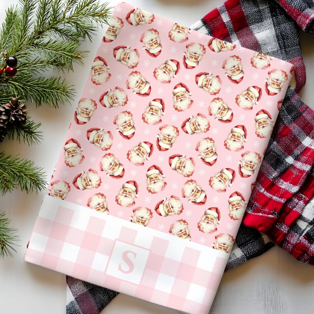 Vintage Santa Pink Gingham Monogrammed Christmas Tea Towel (Creator Uploaded)