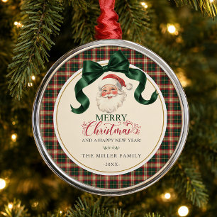 Vintage Santa Plaid Merry Christmas Preppy Metal Ornament