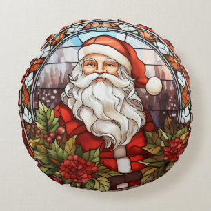 Vintage Santa Poinsettia Stained Glass Holiday Round Cushion