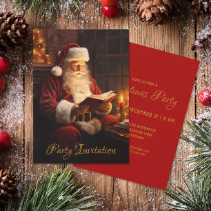 Vintage Santa Reading a Book Red Christmas Party Invitation