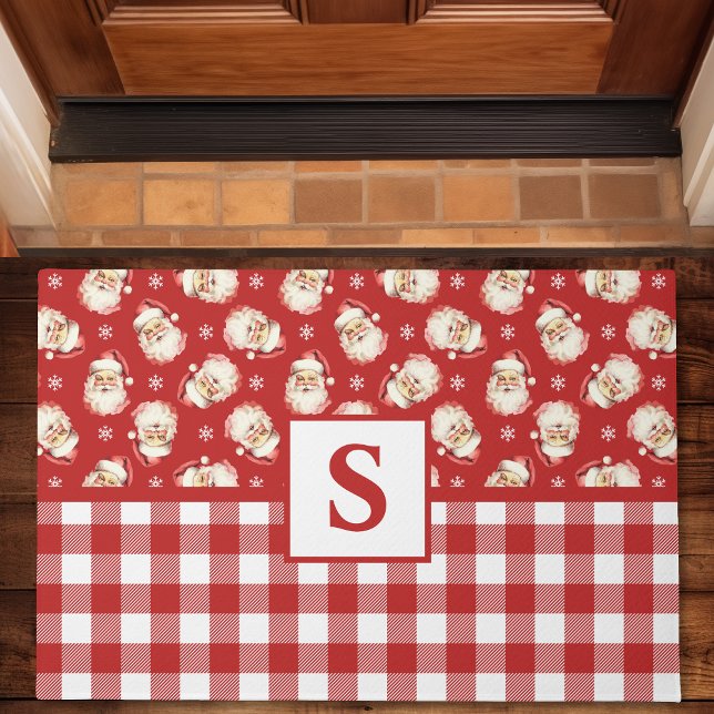 Vintage Santa Red Gingham Monogrammed Christmas Doormat (Creator Uploaded)