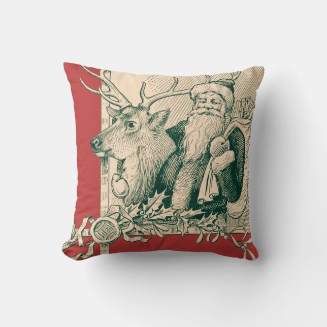 Vintage Santa Reindeer Christmas Saint Nick Cushion (Front)
