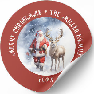 Vintage Santa Reindeer Personalised Classic Round Sticker