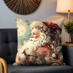 Vintage Santa Reindeer Sleigh Christmas Collage Cushion