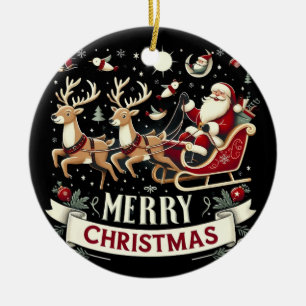 Vintage Santa & Reindeer Starry Night Christmas Ceramic Ornament