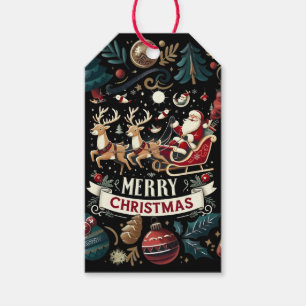 Vintage Santa & Reindeer Starry Night Christmas  Gift Tags