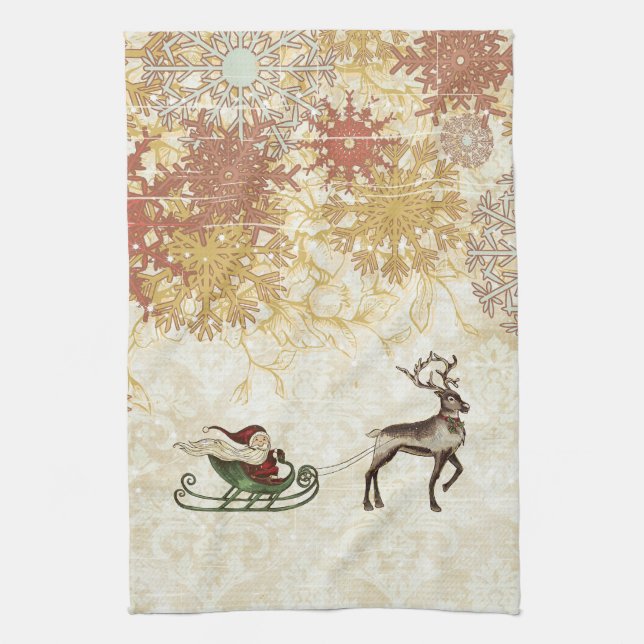 Vintage Santa & Reindeer Tea Towel (Vertical)