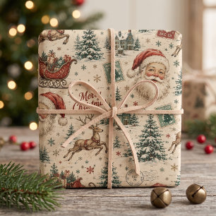 Vintage Santa Retro North Pole Reindeer & Postage Wrapping Paper Sheet