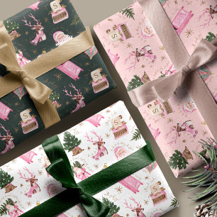 Vintage Santa Retro Pink Christmas Custom Monogram Wrapping Paper Sheet