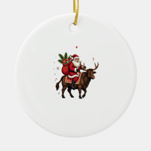 Vintage Santa Riding Highland Cow Christmas Vector Ceramic Ornament