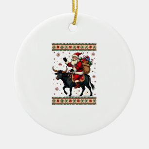 Vintage Santa Riding Highland Cow Christmas Vector Ceramic Ornament
