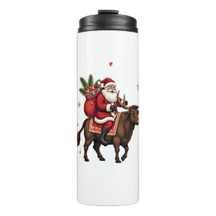 Vintage Santa Riding Highland Cow Christmas Vector Thermal Tumbler