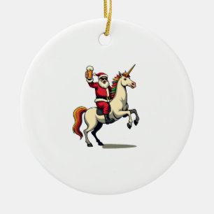 Vintage Santa Riding Unicorn Beer Christmas Funny Ceramic Ornament