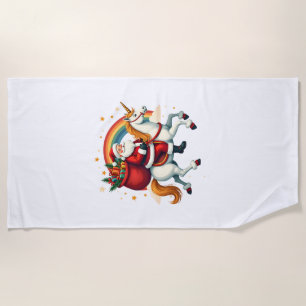 Vintage Santa Riding Unicorn Rainbow Christmas Vec Beach Towel