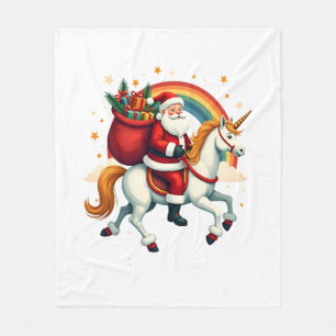Vintage Santa Riding Unicorn Rainbow Christmas Vec Fleece Blanket
