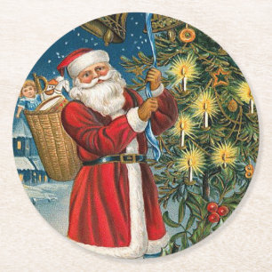 Vintage Santa Rings in Christmas Round Paper Coaster