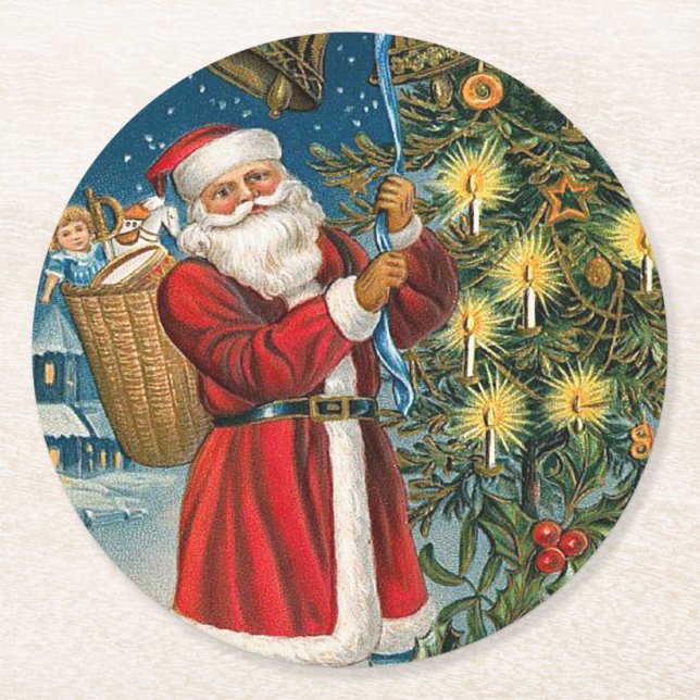 Vintage Santa Rings in Christmas Round Paper Coaster (Front)