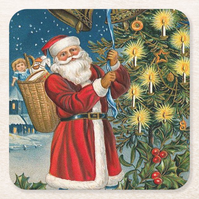 Vintage Santa Rings in Christmas Square Paper Coaster (Front)