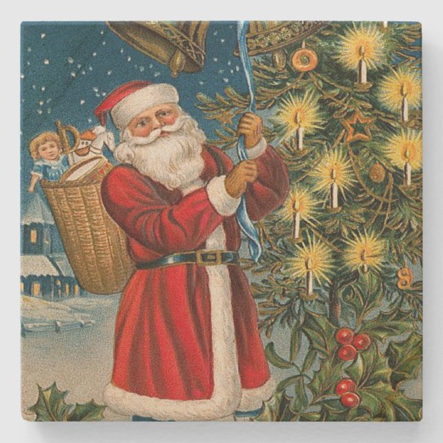 Vintage Santa Rings in Christmas Stone Coaster (Front)