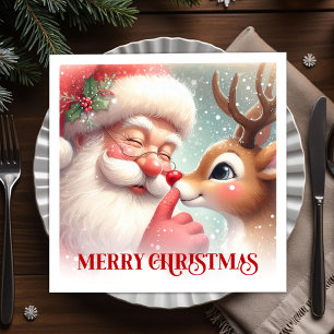 Vintage Santa Rudolph Holiday Christmas Dinner  Napkin