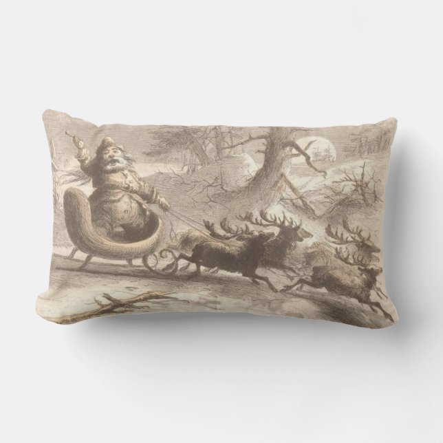 Vintage Santa Singing with Reindeer Lumbar Cushion (Front)