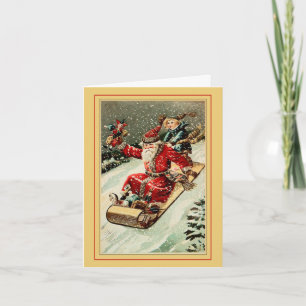 Vintage Santa Sled Toboggan With Child and Toys Holiday Card