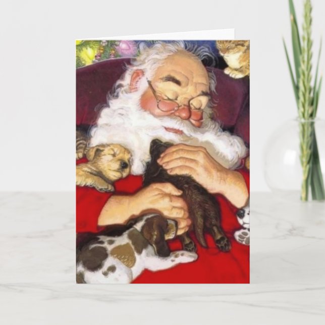 Vintage Santa Sleeping With Puppies Holiday Card (Front)