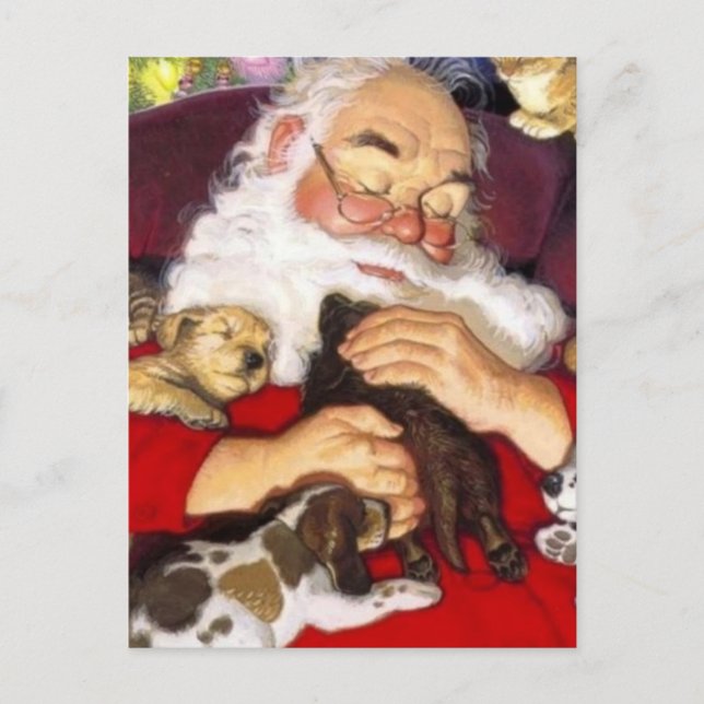 Vintage Santa Sleeping With Puppies Holiday Postcard (Front)