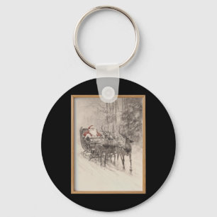 Vintage Santa Sleigh Xmas Forest Sketch Key Ring