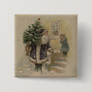 Vintage Santa Snow Christmas Tree 15 Cm Square Badge