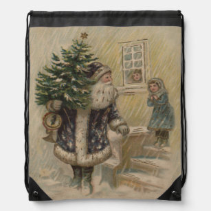 Vintage Santa Snow Christmas Tree Drawstring Bag