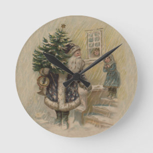 Vintage Santa Snow Christmas Tree Round Clock