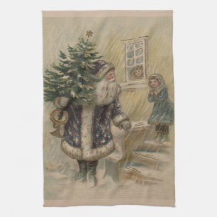 Vintage Santa Snow Christmas Tree Tea Towel