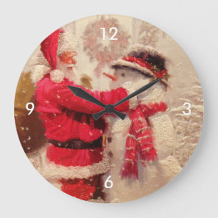 Vintage Santa Snowman Scene Large Clock