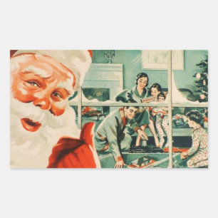 Vintage Santa Watching Family On Christmas  Rectangular Sticker