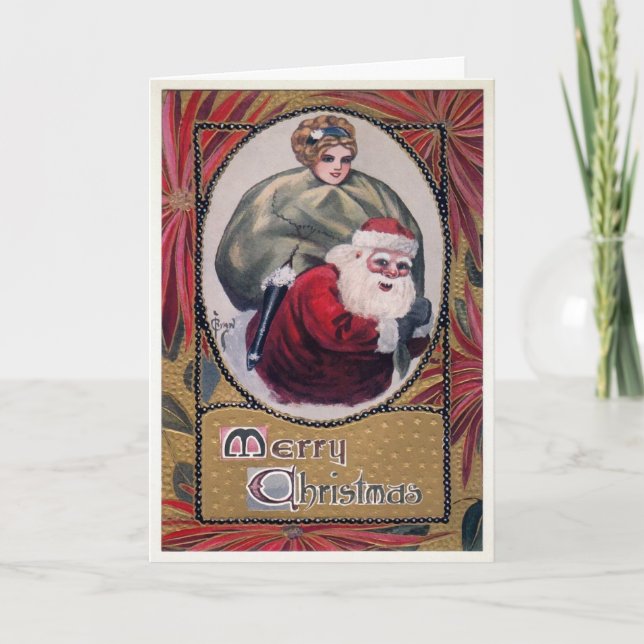 Vintage Santa with a Lady Holiday Card (Front)