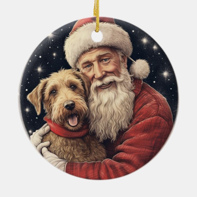 Vintage Santa with Airedale Christmas Ceramic Ornament (Back)
