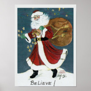 Vintage Santa with Bag Watercolor Drawing Believe  Poster