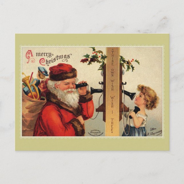 Vintage Santa with child and old telephone Postcard (Front)