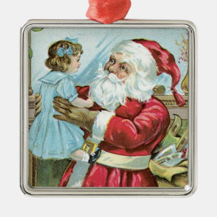 Vintage Santa with Child - square Metal Ornament
